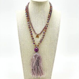 SEREFINA Beaded Tassel Necklace Purple Crystal Beads Long Boho Statement Jewelry